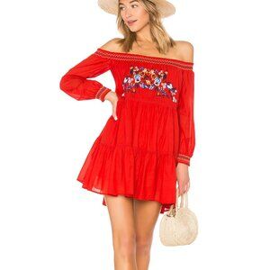 Free People Sunbeams Mini Dress M Red Bold Floral Embroidery Boho Vacation Flowy